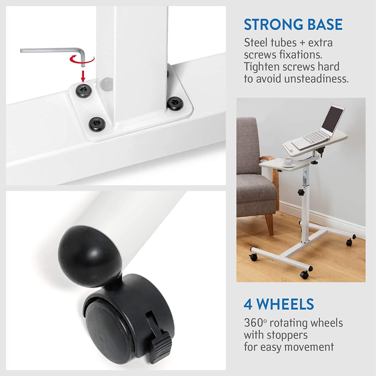 Bureau pour ordinateur portable réglable en hauteur, base solide, 4 roues pivotantes, Tatkraft Bianca