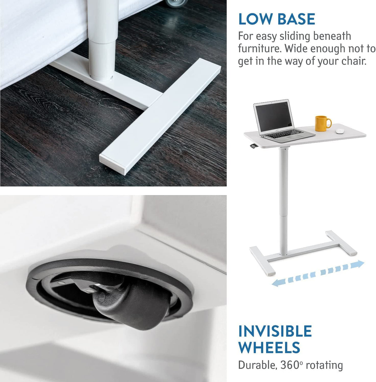 Table ordinateur portable, 4 roulettes lisses avec freins, roues pivotantes à 360°, Tatkraft Relax