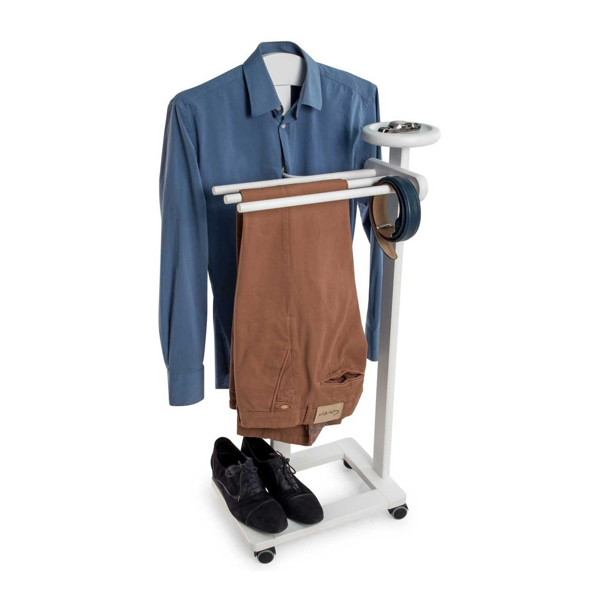 Valet de nuit ANTIMO, Composé d'un cintre, de 3 porte-pantalons et d'une tablette de rangement - Couleur blanc laqué