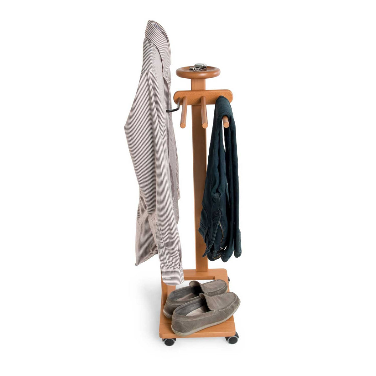 Valet de nuit ANTIMO, Composé d'un cintre, de 3 porte-pantalons et d'une tablette de rangement - Couleur cerise, 1