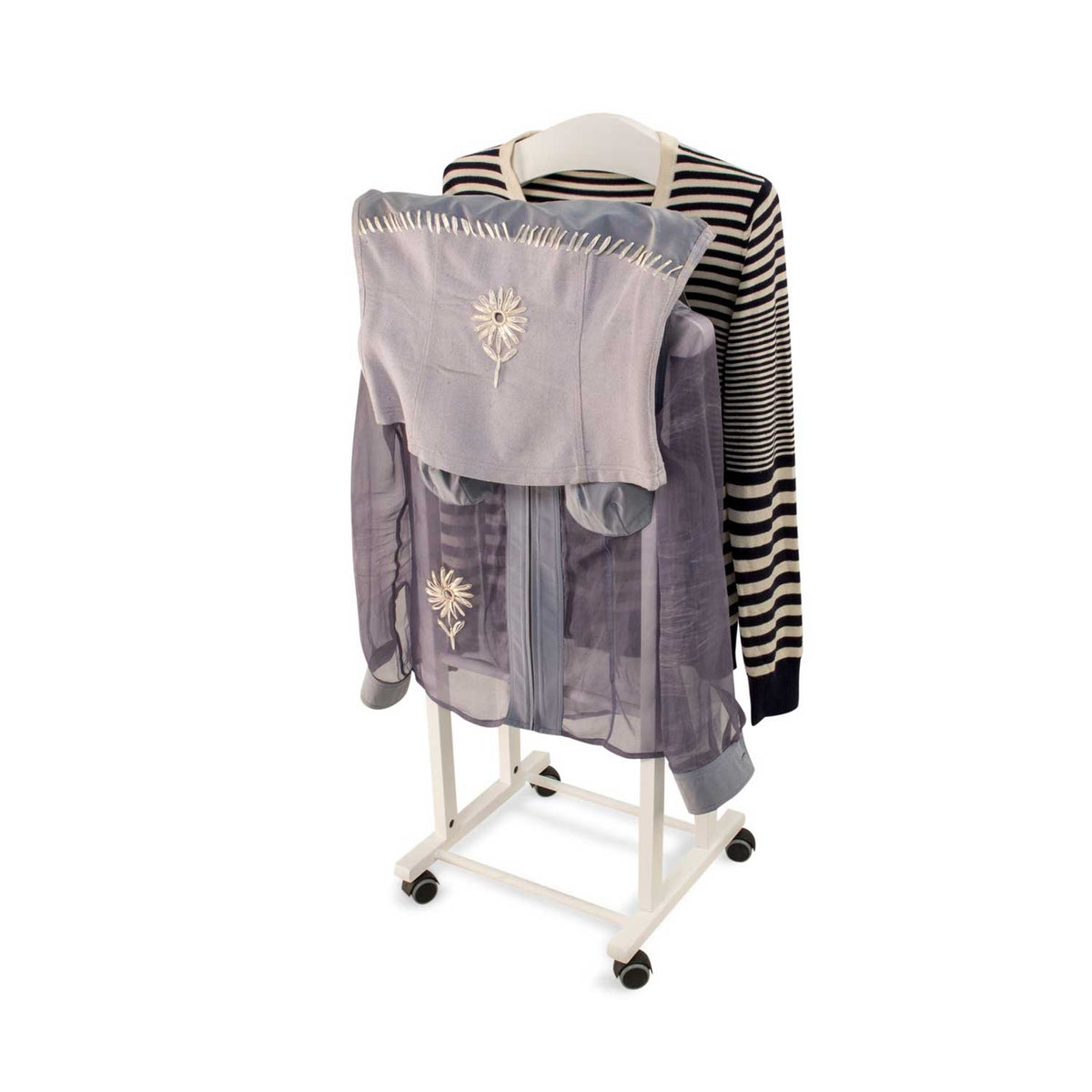 Valet de nuit TRENDY, composé de 2 cintres et d'un porte-pantalon, pieds en caoutchouc à la base. - couleur blanche, 1