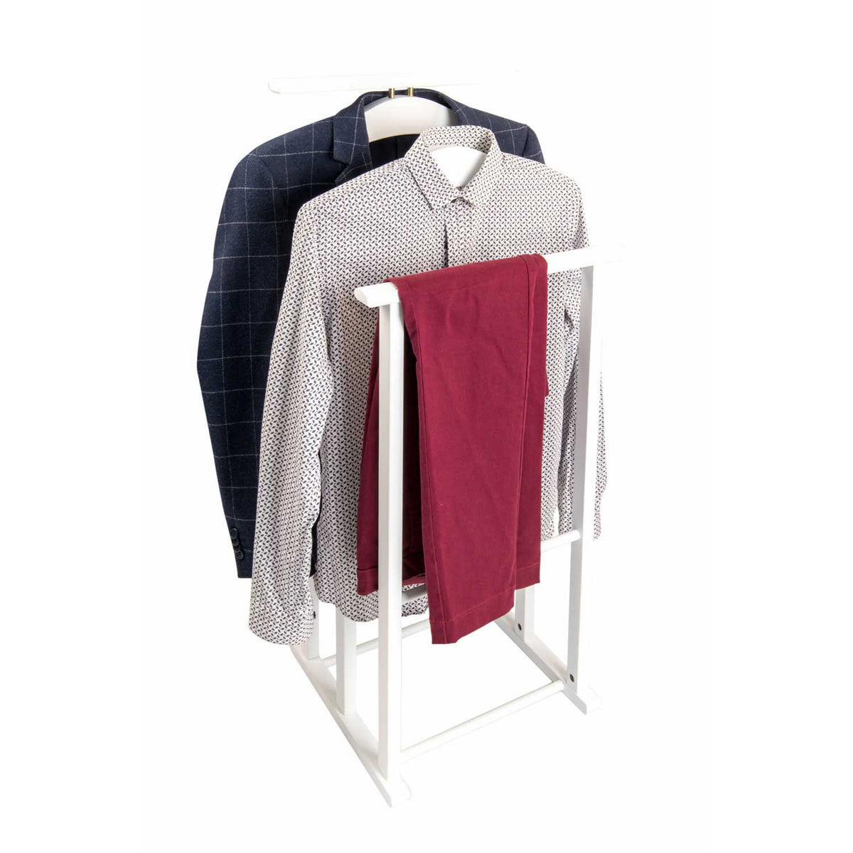 Valet de nuit MAXI , composé de 2 cintres et de 2 porte-pantalons, pieds en caoutchouc à la base. - couleur blanche