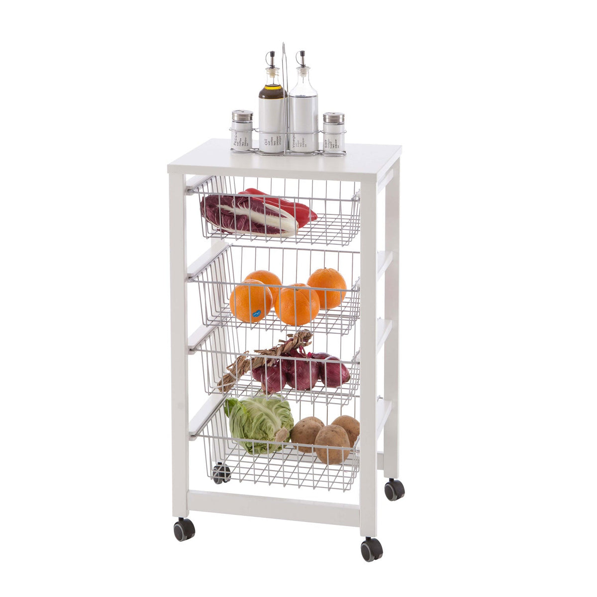 Chariot de cuisine GINGERONE, Desserte Cuisine, Desserte a Roulette, Desserte Bois, 4 paniers coulissants, blanche, Arit, 3