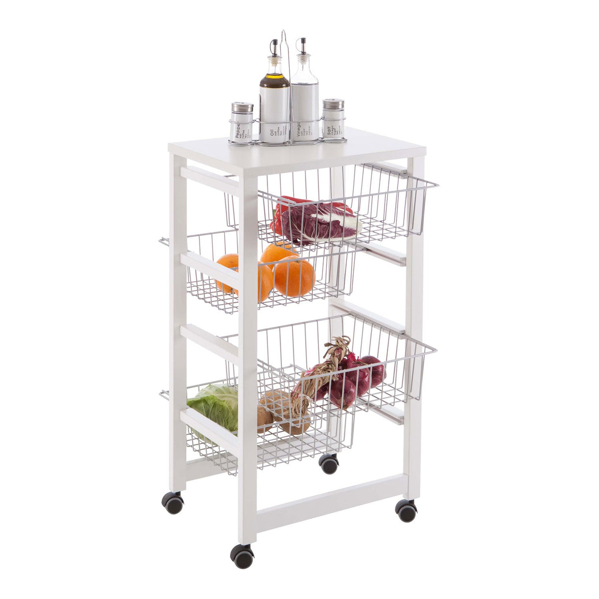 Chariot de cuisine GINGERONE, Desserte Cuisine, Desserte a Roulette, Desserte Bois, 4 paniers coulissants, blanche, Arit, 1