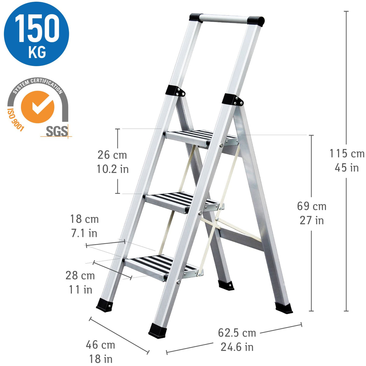 Tatkraft Adamant - Escabeau, Aluminium, Pliant, Ultra Léger 3, Marches - H115cm, L46cm, P62.5cm, Jusqu’à 150 kg