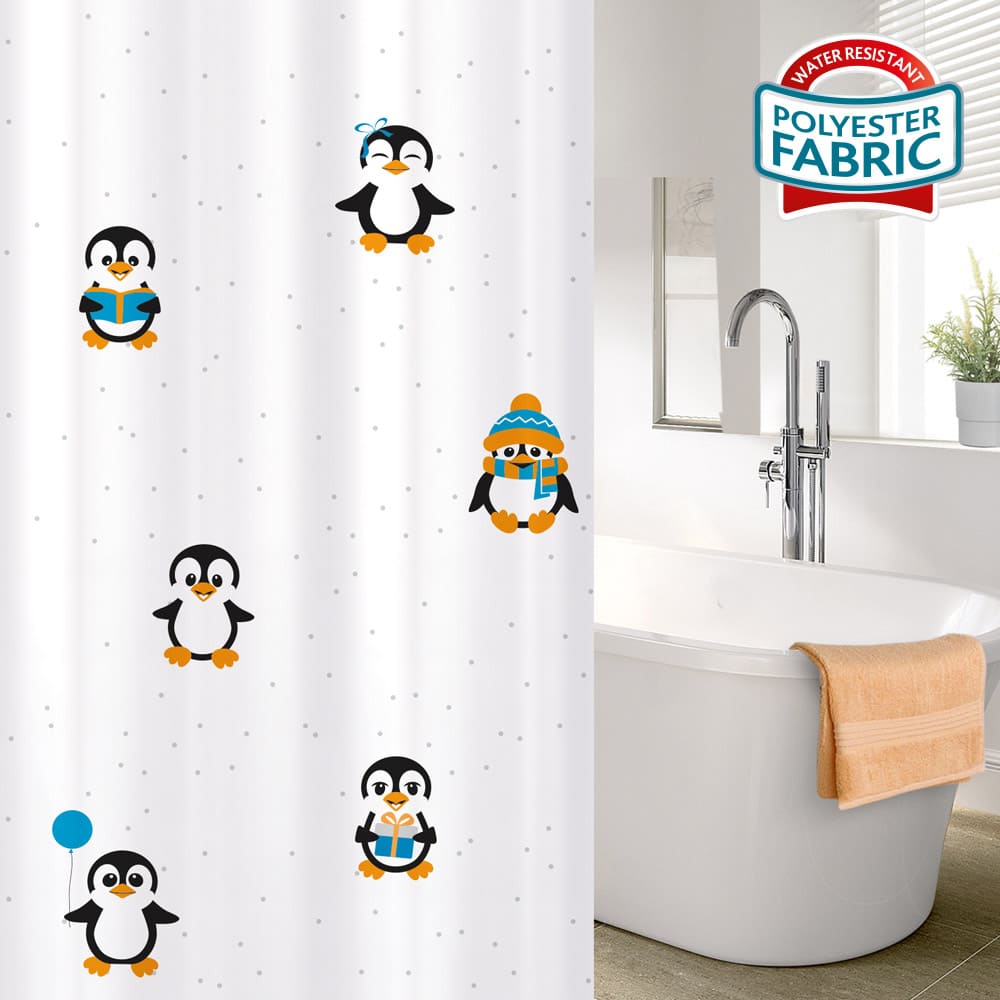 Rideau de Douche Imperméable, Tissu Polyester, 12 Anneaux Inclus, Design Lumineux, 180x180 cm, Tatkraft Funny Penguins, 2