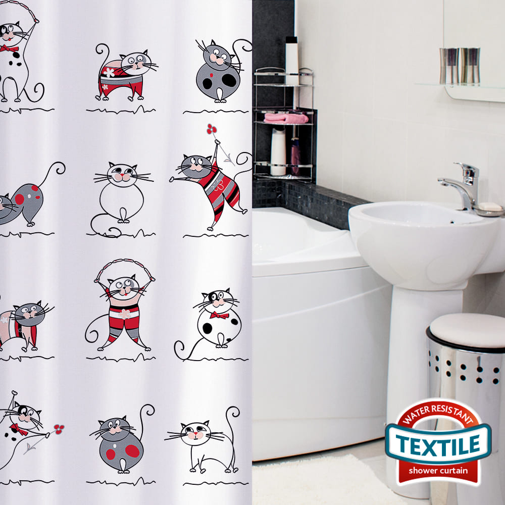 Rideau de Douche et Baignoire en Polyester Imperméable avec 12 Anneaux, Lavable Machine, 180 x 180 cm, Tatkraft Funny Cats, 2