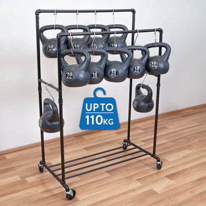 Tatkraft Pantera – Portant à vêtements solide sur roulettes, capacité 110 kg, 2 tringles, étagère à chaussures, métal noir
