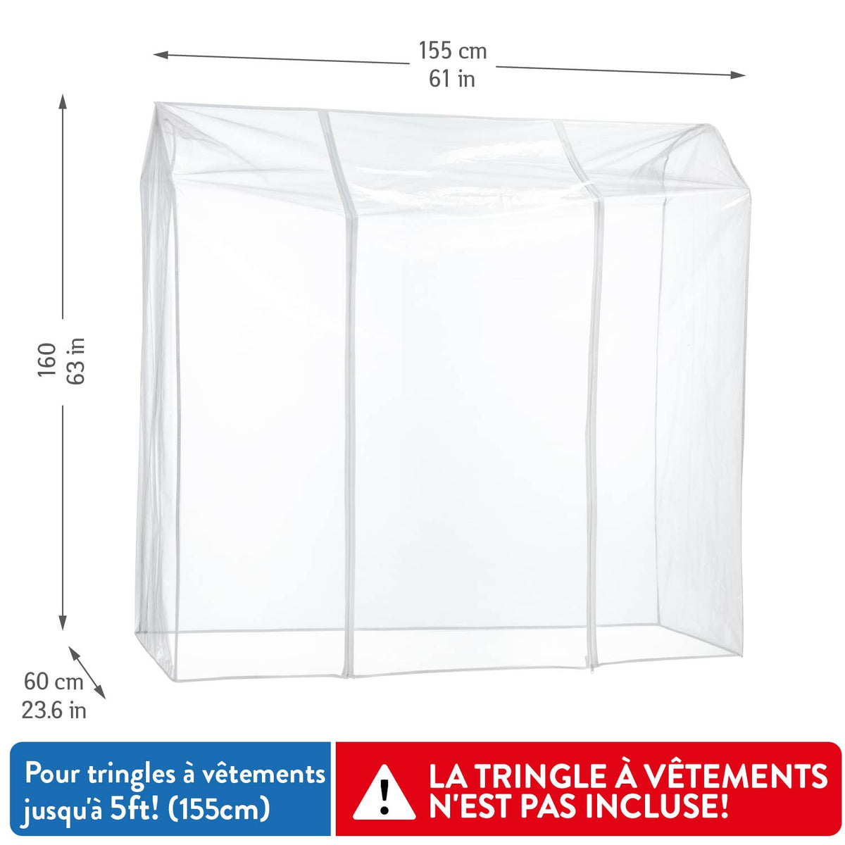 Housse pour portant vetement, Transparent, 155×60×160 cm, 2 fermetures éclair, protection étanche, contre la poussière, et les UV, Tatkraft Schild, 5