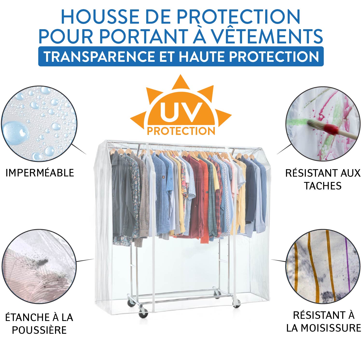 Housse Portant Vetement, Grande 169x90x170 cm, avec 2 fermetures éclair, protection contre la poussière, rayons UV, Transparent, Tatkraft Safe, 3