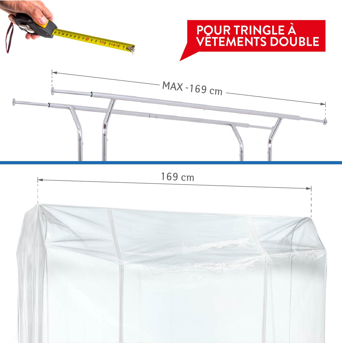 Housse Portant Vetement, Grande 169x90x170 cm, avec 2 fermetures éclair, protection contre la poussière, rayons UV, Transparent, Tatkraft Safe, 6