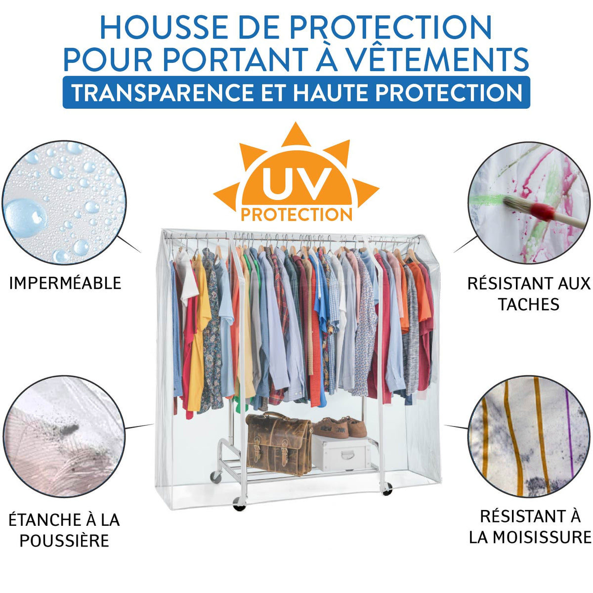 Housse pour portant vetement, 160x60x145 cm, avec 2 fermetures éclair, Transparente, protection contre la poussière et l’humidité, Tatkraft Defender, 3