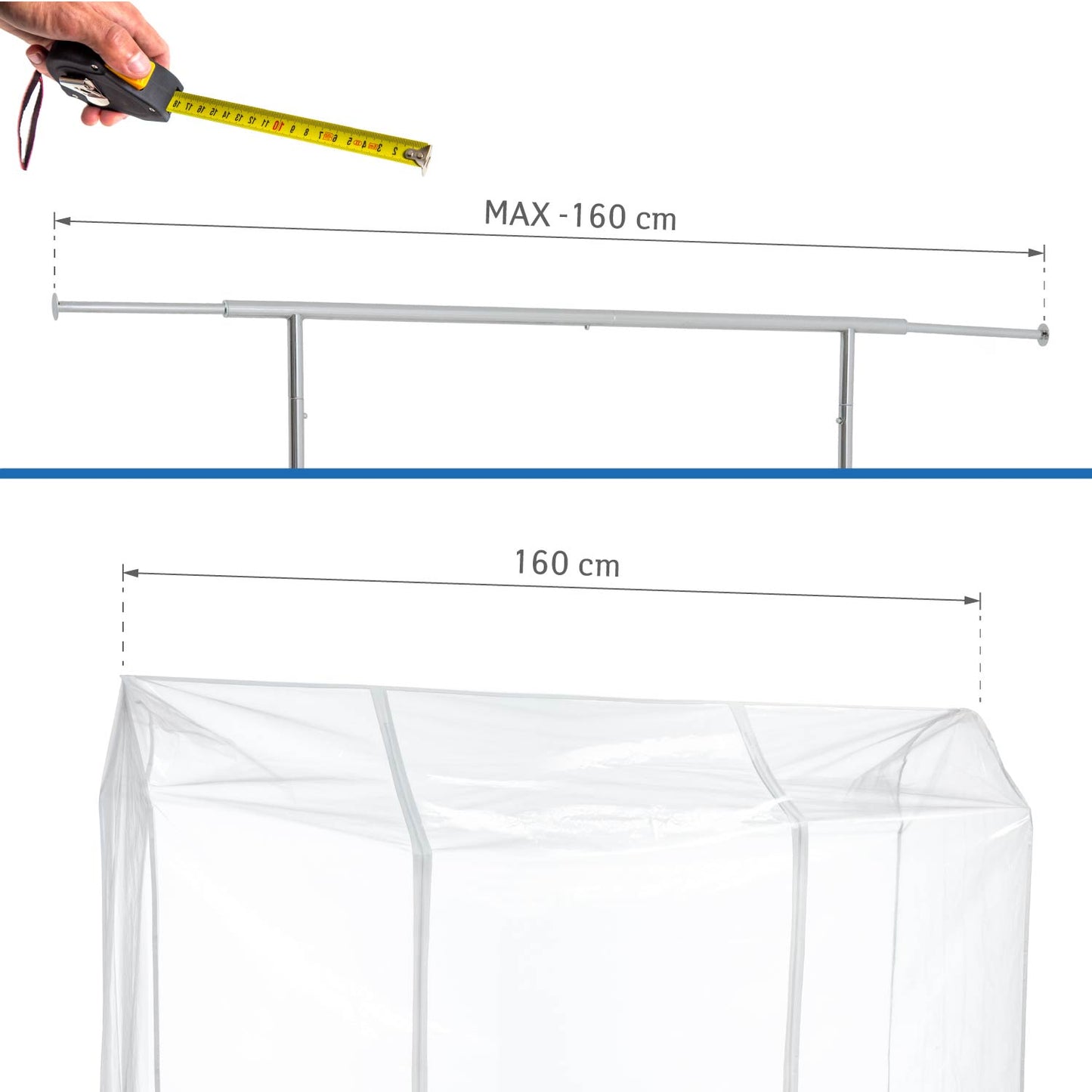 Housse pour portant vetement, 160x60x145 cm, avec 2 fermetures éclair, Transparente, protection contre la poussière et l’humidité, Tatkraft Defender, 1