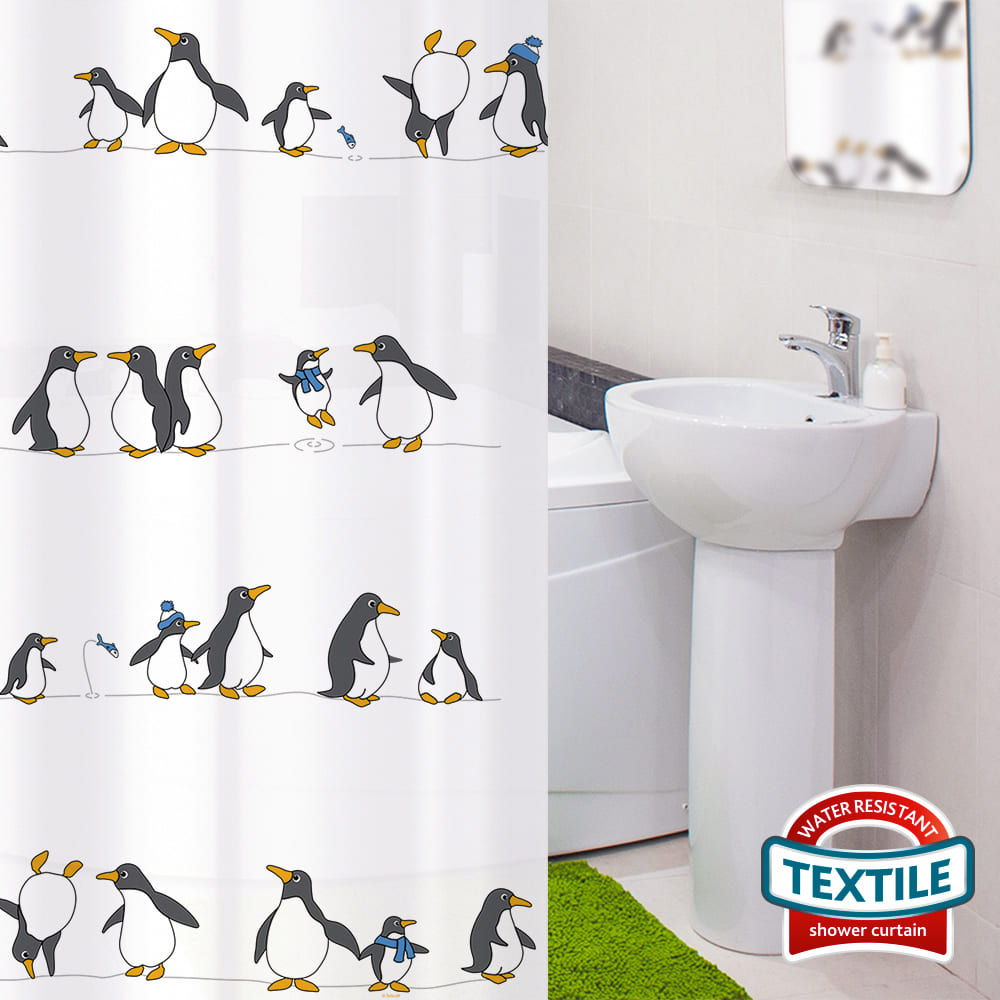 Rideau de Douche Imperméable, Tissu Polyester, 12 Anneaux Inclus, Design Lumineux, 180x180 cm, Tatkraft Penguins, 2