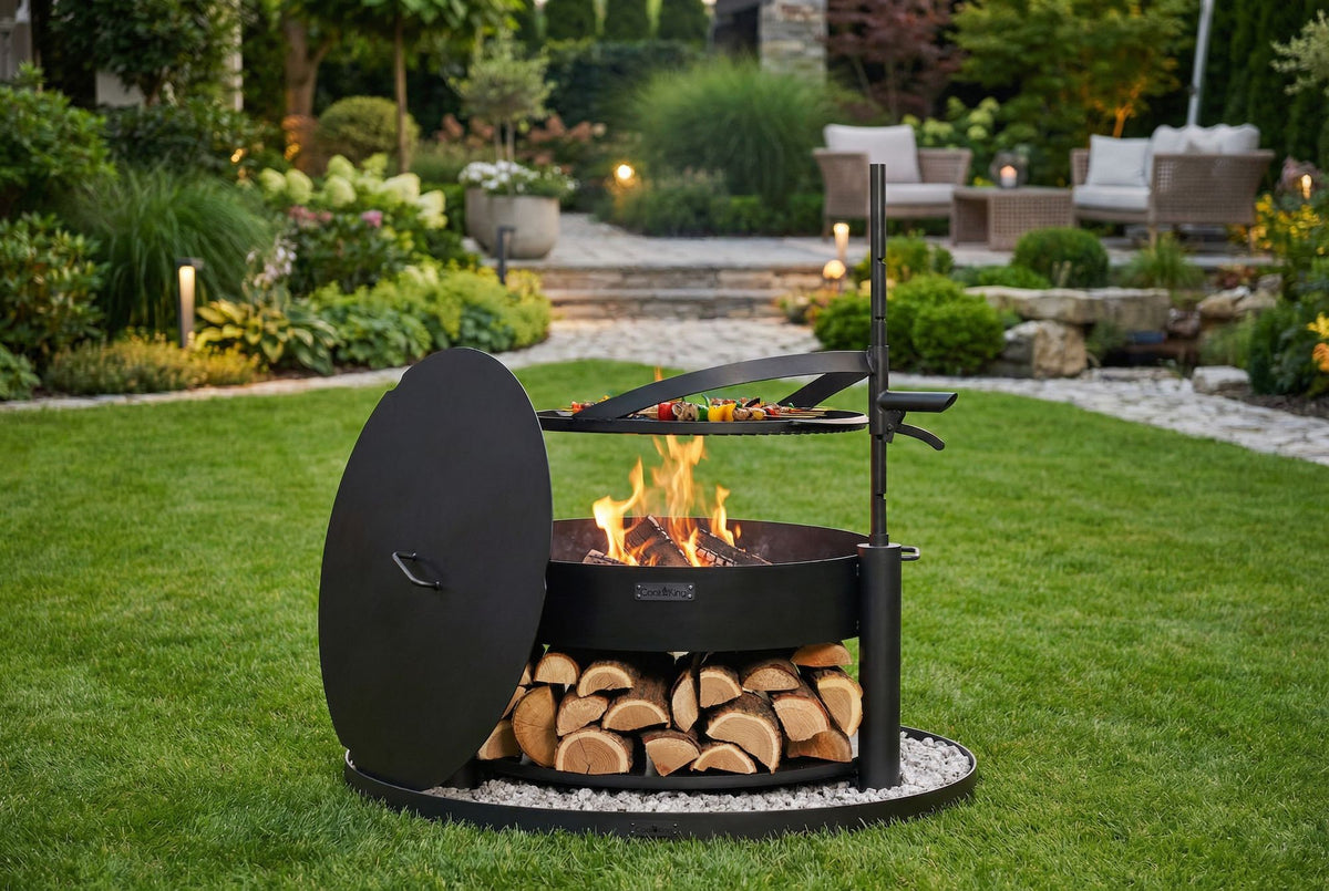Cook King – Pack Brasero de jardin multifonction « MONTANA X » 80 cm avec grille de cuisson 60 cm, couvercle 82,0 cm et base décorative ronde en pierre 100 cm — mise en situation