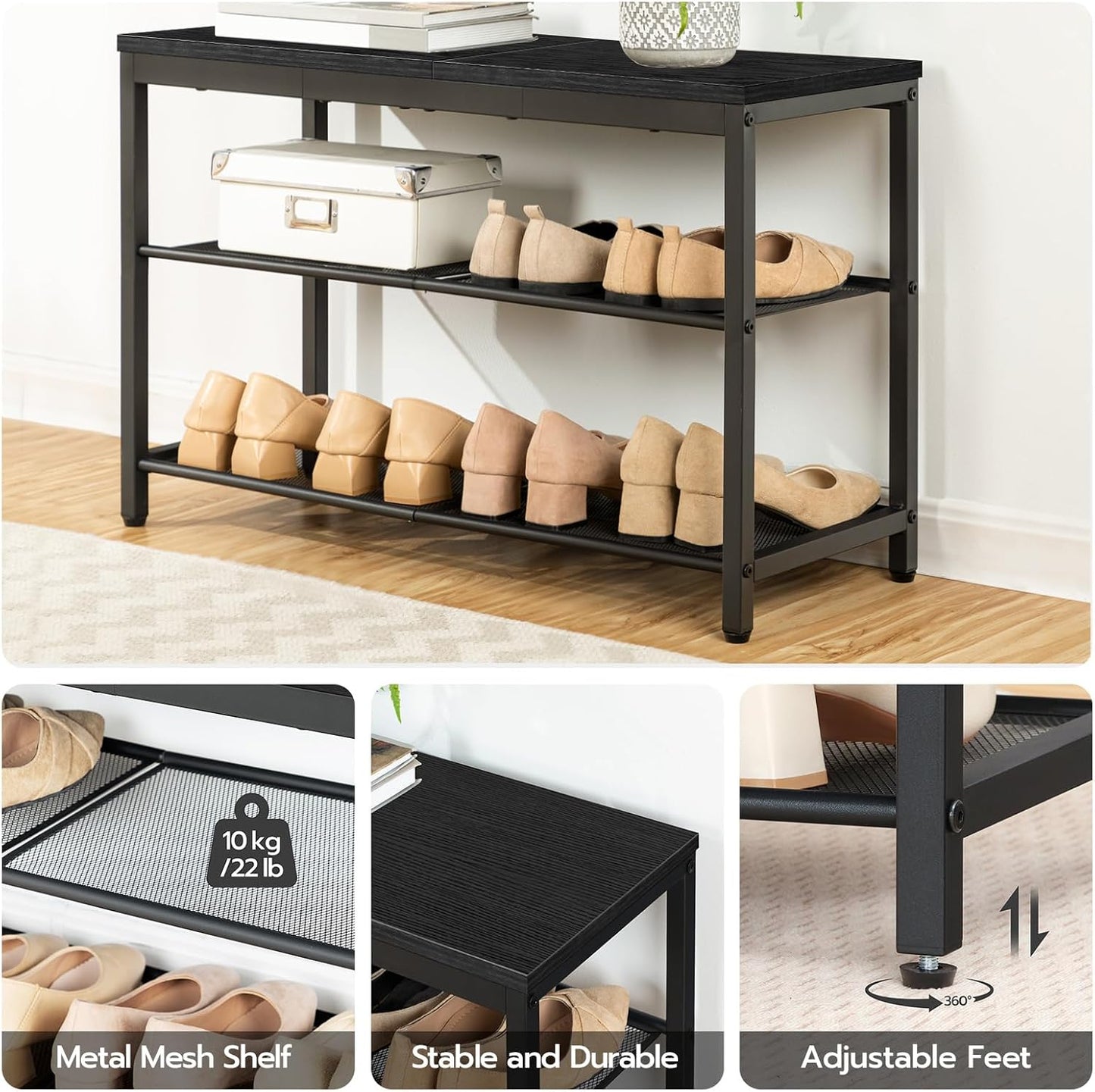 Étagère à chaussures, 3 Niveaux, Banc à Chaussures, avec 2 étagères en maille, Étagère étroite, Étagère en métal, Noir, HOOBRO, 5