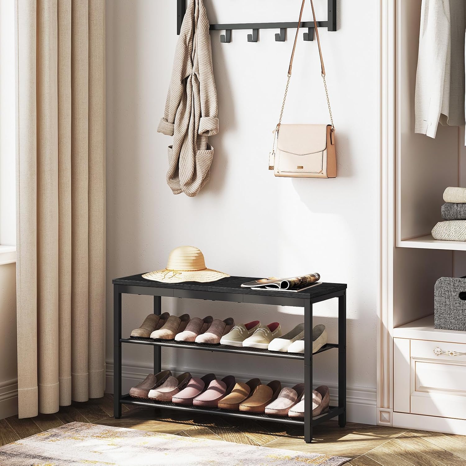 Étagère à chaussures, 3 Niveaux, Banc à Chaussures, avec 2 étagères en maille, Étagère étroite, Étagère en métal, Noir, HOOBRO, 8