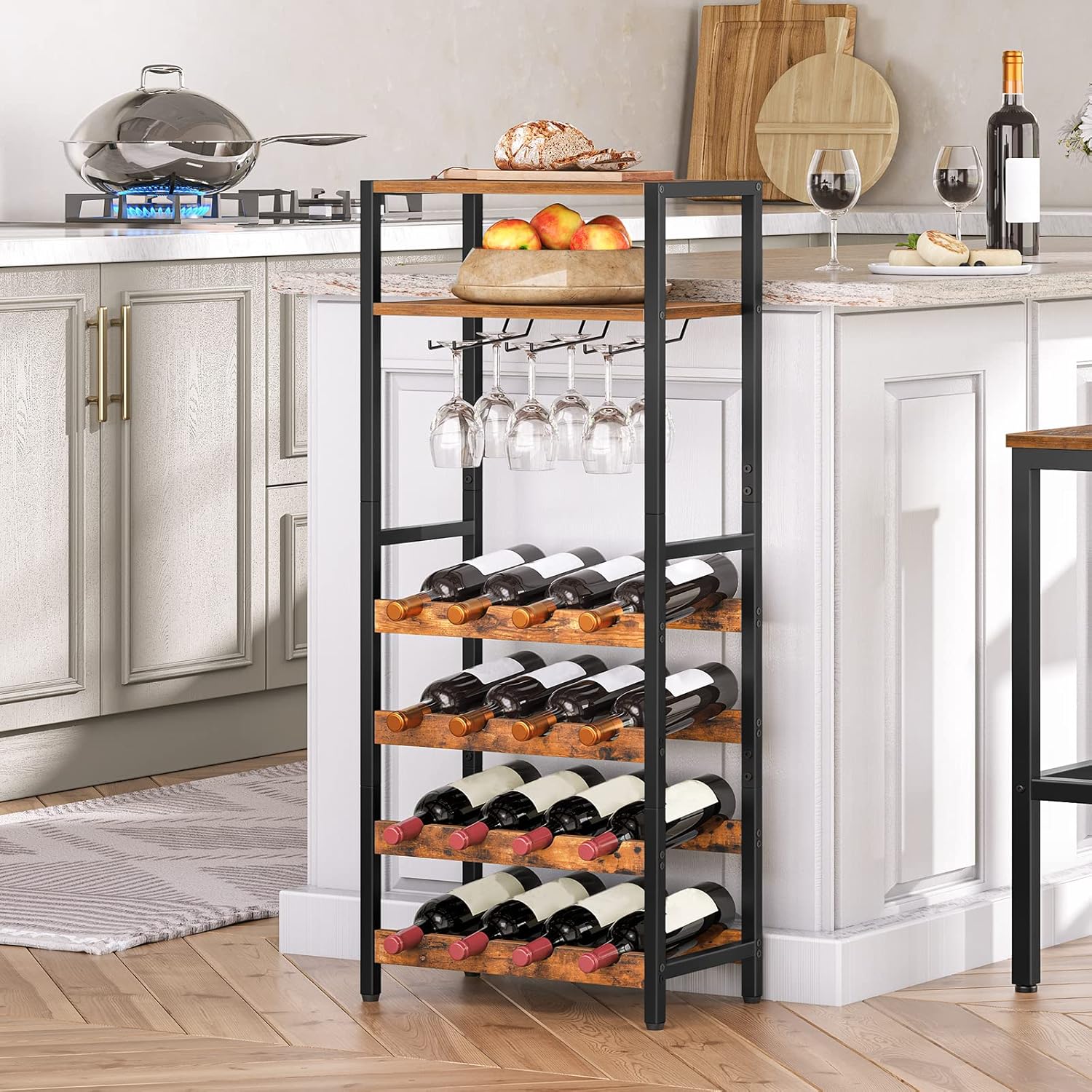 Étagère à vin, 16 Bouteilles, Porte Bouteille vin, avec Support de Table et gobelet, 5 Niveaux, Marron Noir, HOOBRO, 8