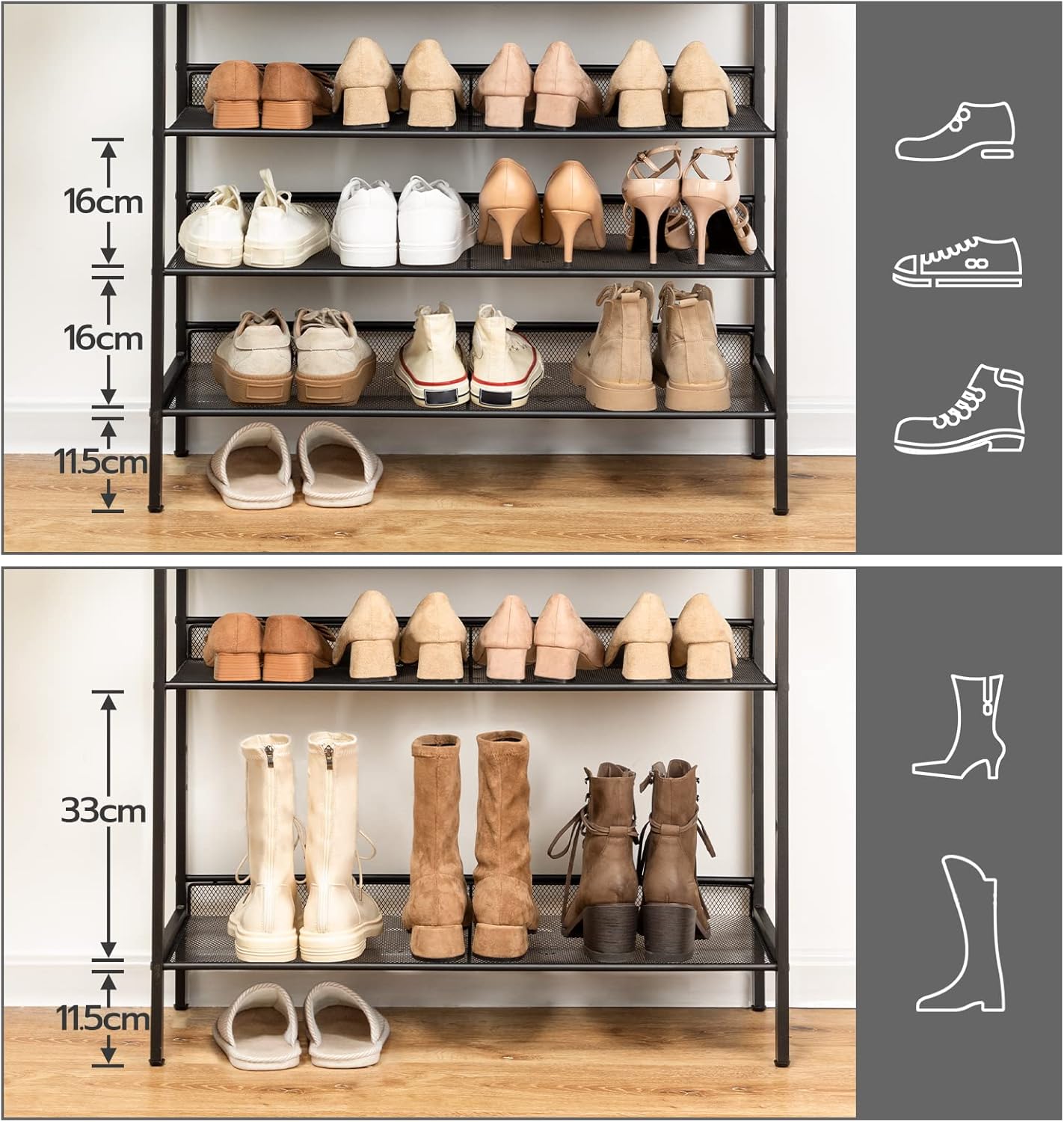Étagère à Chaussures, 8 Niveaux, Étagère en métal, 7 Étagère réglable, pour 21-28 Paires, Étagère étroite, Marron Noir, HOOBRO, 2