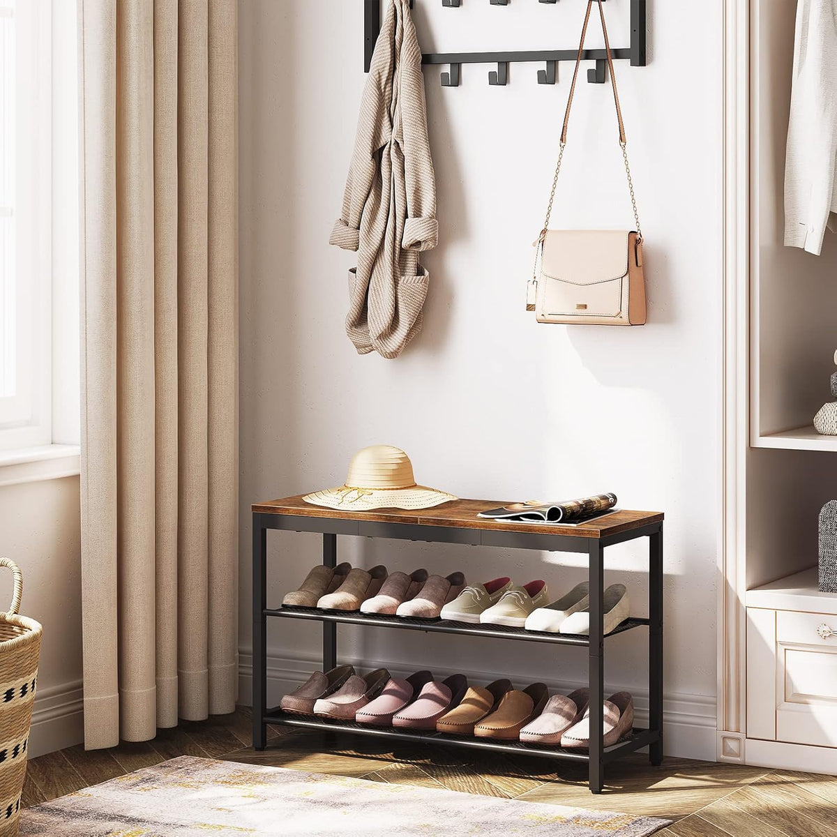 Étagère à chaussures, 3 Niveaux, Banc à Chaussures, avec 2 étagères en maille, Étagère étroite, Étagère en métal, Noir Brun, HOOBRO, 8