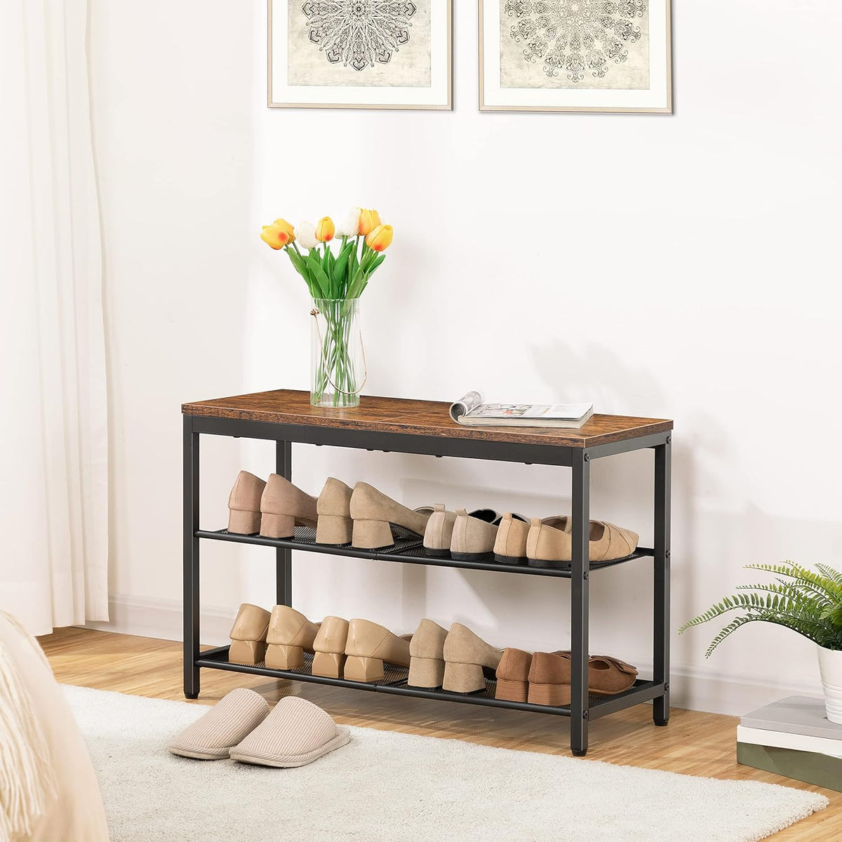 Étagère à chaussures, 3 Niveaux, Banc à Chaussures, avec 2 étagères en maille, Étagère étroite, Étagère en métal, Noir Brun, HOOBRO, 1