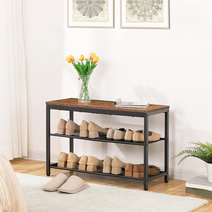 Étagère à chaussures, 3 Niveaux, Banc à Chaussures, avec 2 étagères en maille, Étagère étroite, Étagère en métal, Noir Brun, HOOBRO, 1