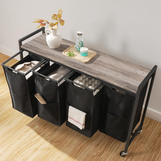 Panier à Linge, sur Roulette, 4 x 39,8 L, Corbeille à Linge, avec Étagère, 4 Sacs Amovibles en Tissu Oxford, Grège Noir, HOOBRO, 2