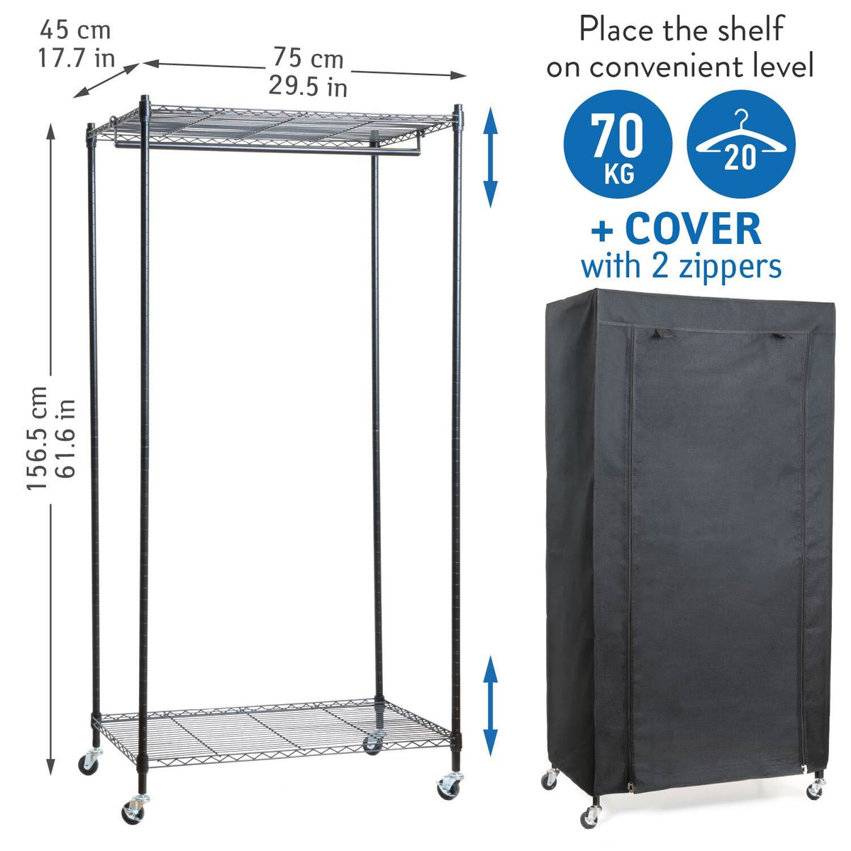 art moon Buffalo – Penderie en tissu sur roulettes avec 2 étagères et barre, jusqu’à 70 kg, 75 × 45 × 156,5 cm, aspect lin noir
