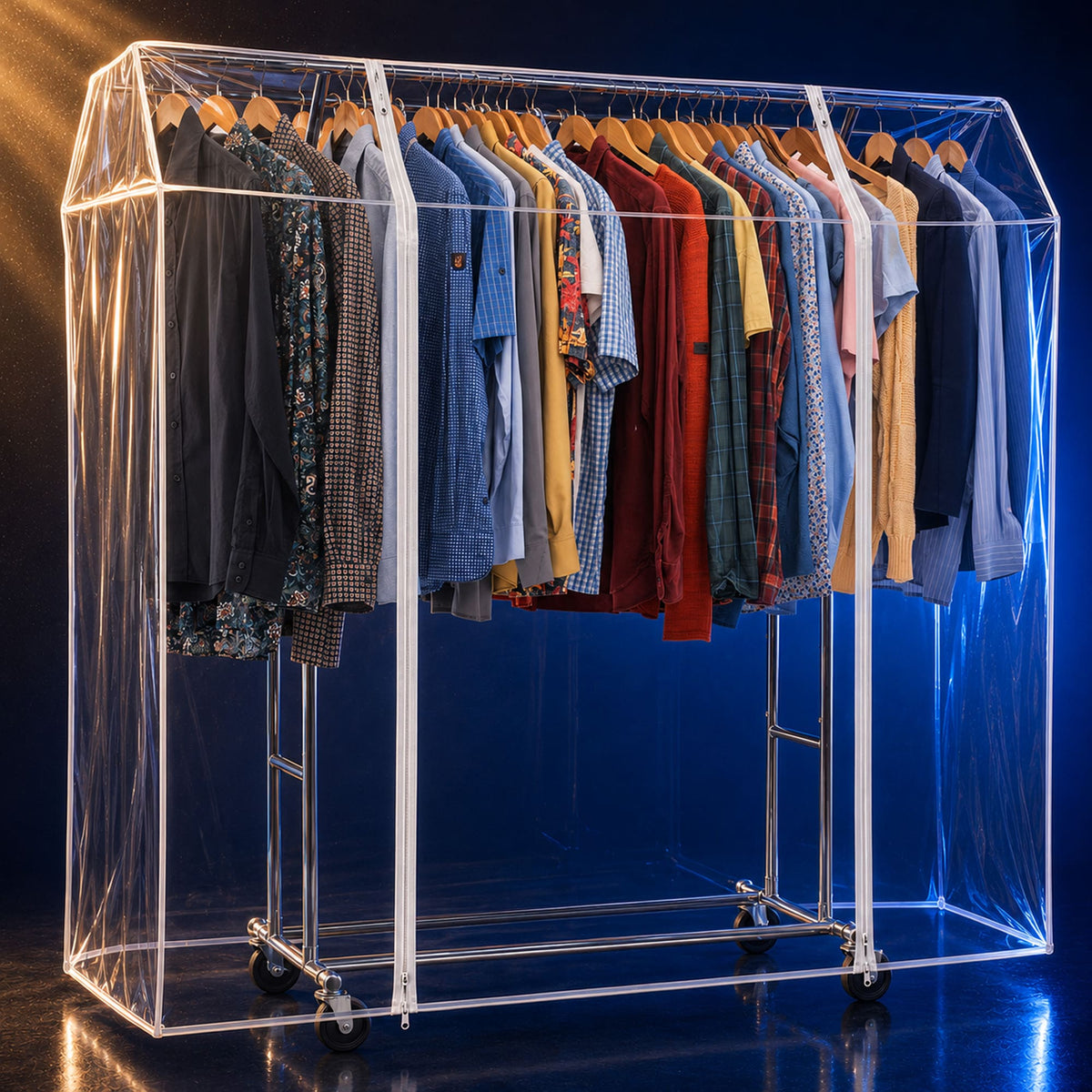 Portant Vêtement Solide avec Housse Imperméable, Charge 110 kg, sur roulettes, 2 tringles, Acier Chromé, Tatkraft Denver & Safe, fin