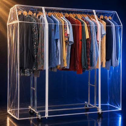 Portant Vêtement Solide avec Housse Imperméable, Charge 110 kg, sur roulettes, 2 tringles, Acier Chromé, Tatkraft Denver & Safe, fin
