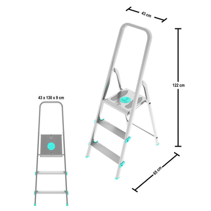 Escabeau 3 marches, Escabeau Pliable, Escabeau Sécurisé, Hauteur 61cm, Charge max. 150kg, Aluminium, Colombo LIBELLULA , 3