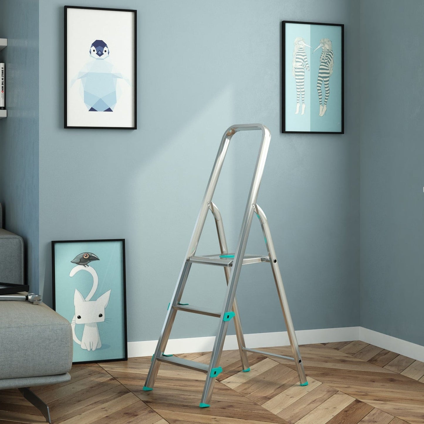 Escabeau 3 marches, Escabeau Pliable, Escabeau Sécurisé, Hauteur 61cm, Charge max. 150kg, Aluminium, Colombo LIBELLULA , 2