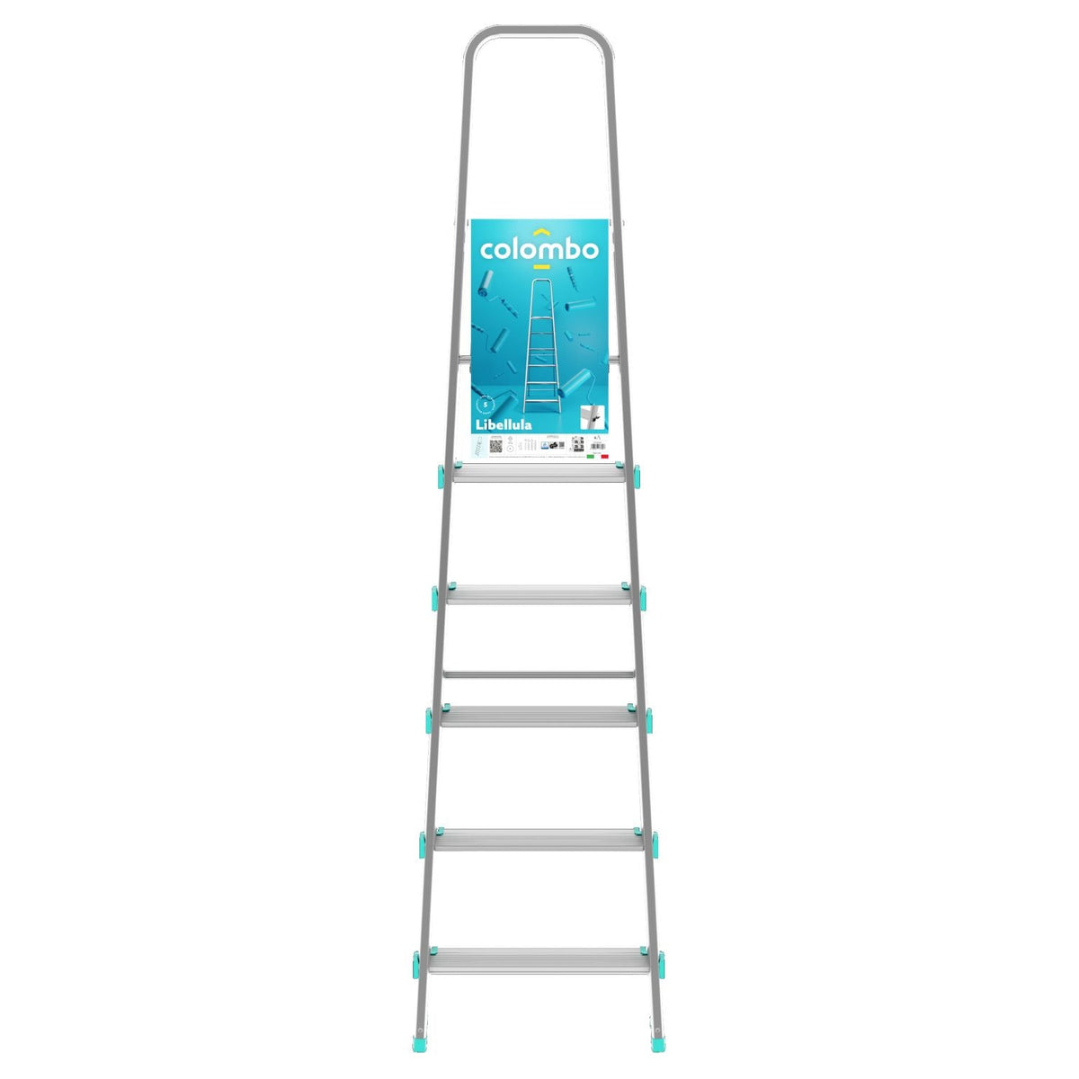 Escabeau Sécurisé, 6 marches, Escabeau Pliable, Hauteur 129 cm, Charge max. 150 kg, Aluminium, Colombo LIBELLULA , 5