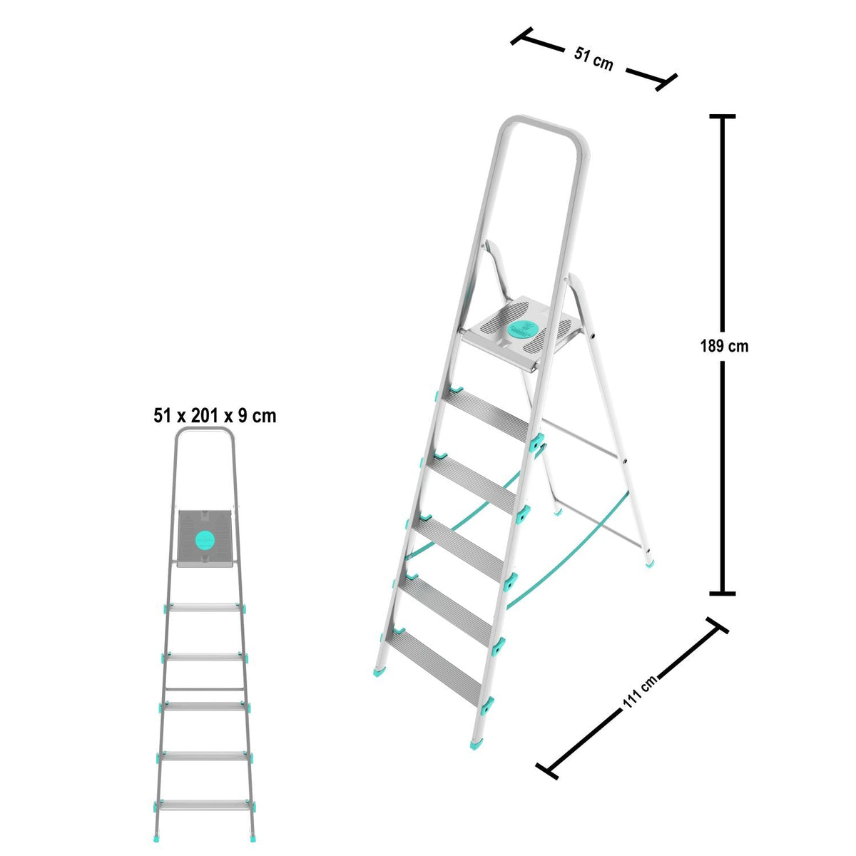 Escabeau Sécurisé, 6 marches, Escabeau Pliable, Hauteur 129 cm, Charge max. 150 kg, Aluminium, Colombo LIBELLULA , 3