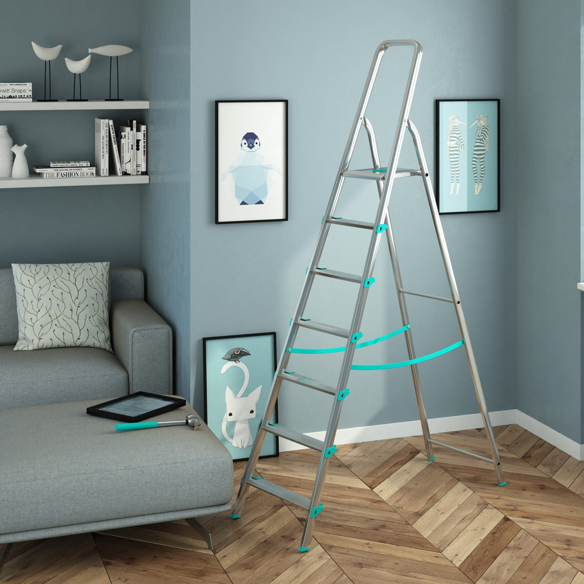  Escabeau Professionnel, 7 marches, Escabeau Pliable, Hauteur 152 cm, Charge max. 150 kg, Aluminium, Colombo LIBELLULA , 2