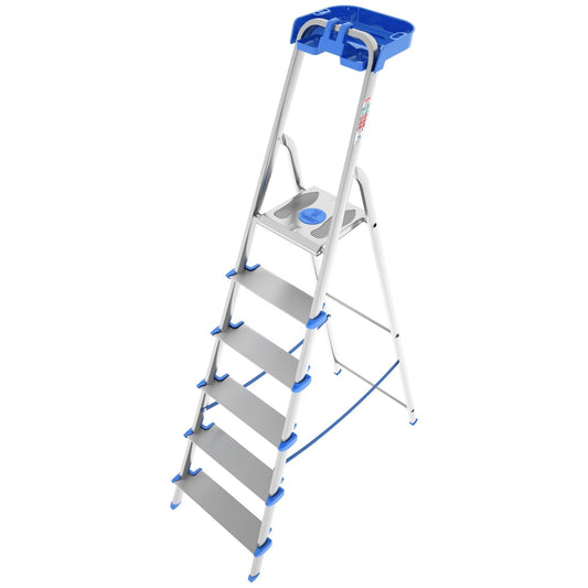  Escabeau Sécurisé, 6 marches, Pliable, marche extra large 12cm, avec bac de rangement, charge max. 150kg, Colombo ATLANTICA , 1