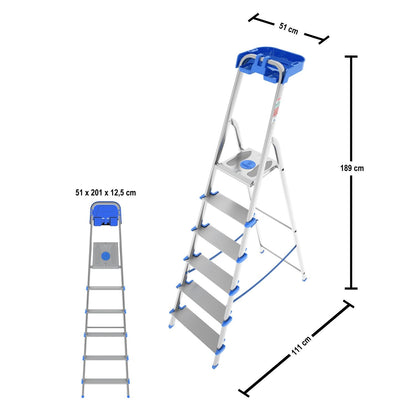 Escabeau Sécurisé, 6 marches, Pliable, marche extra large 12cm, avec bac de rangement, charge max. 150kg, Colombo ATLANTICA , 5