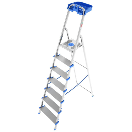  Escabeau Sécurisé, 7 marches, Professionnel, marche extra large 12cm, avec bac de rangement, Charge max.150kg, Colombo ATLANTICA , 1