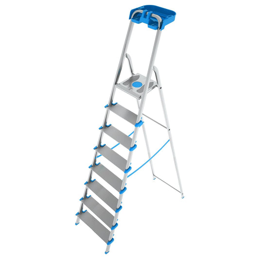  Escabeau Sécurisé, 8 marches, Professionnel, marche extra large 12cm, avec bac de rangement, Charge max.150kg, Colombo ATLANTICA , 1