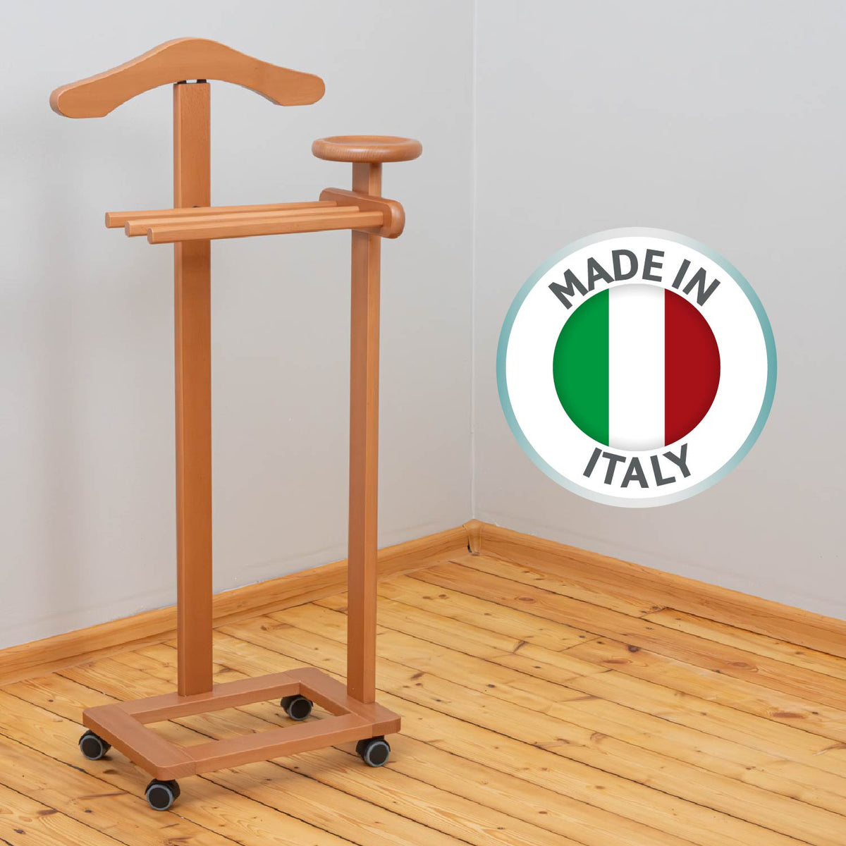 Valet de Chambre Bois, Composé d'un cintre, de 3 porte-pantalons et d'une tablette de rangement, cerise, Tatkraft Lord, 4
