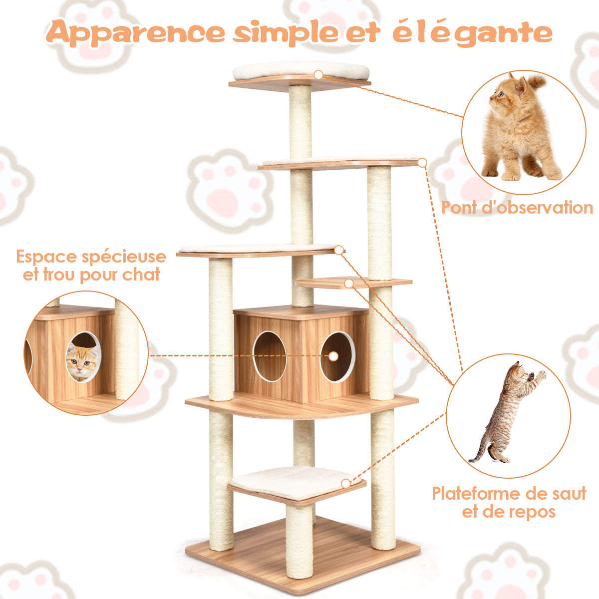 Arbre à Chat, Griffoir Chat, Arbre à Chat XXL Solide, Hauteur 175cm, avec Plateformes et Colonnes en Sisal Griffoir, Costway, 5