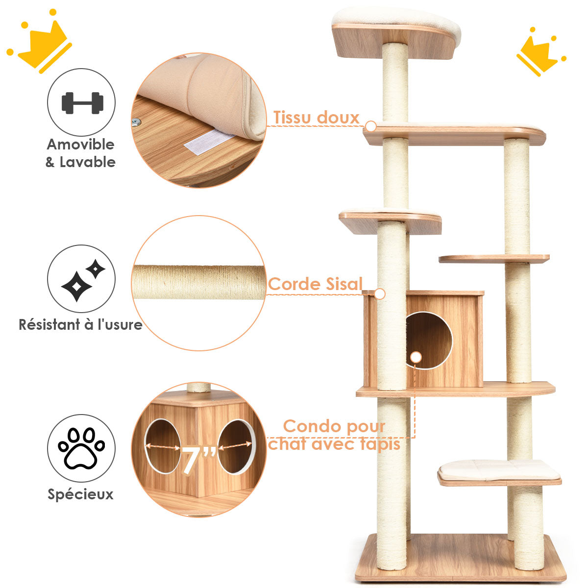 Arbre à Chat, Griffoir Chat, Arbre à Chat XXL Solide, Hauteur 175cm, avec Plateformes et Colonnes en Sisal Griffoir, Costway, 7