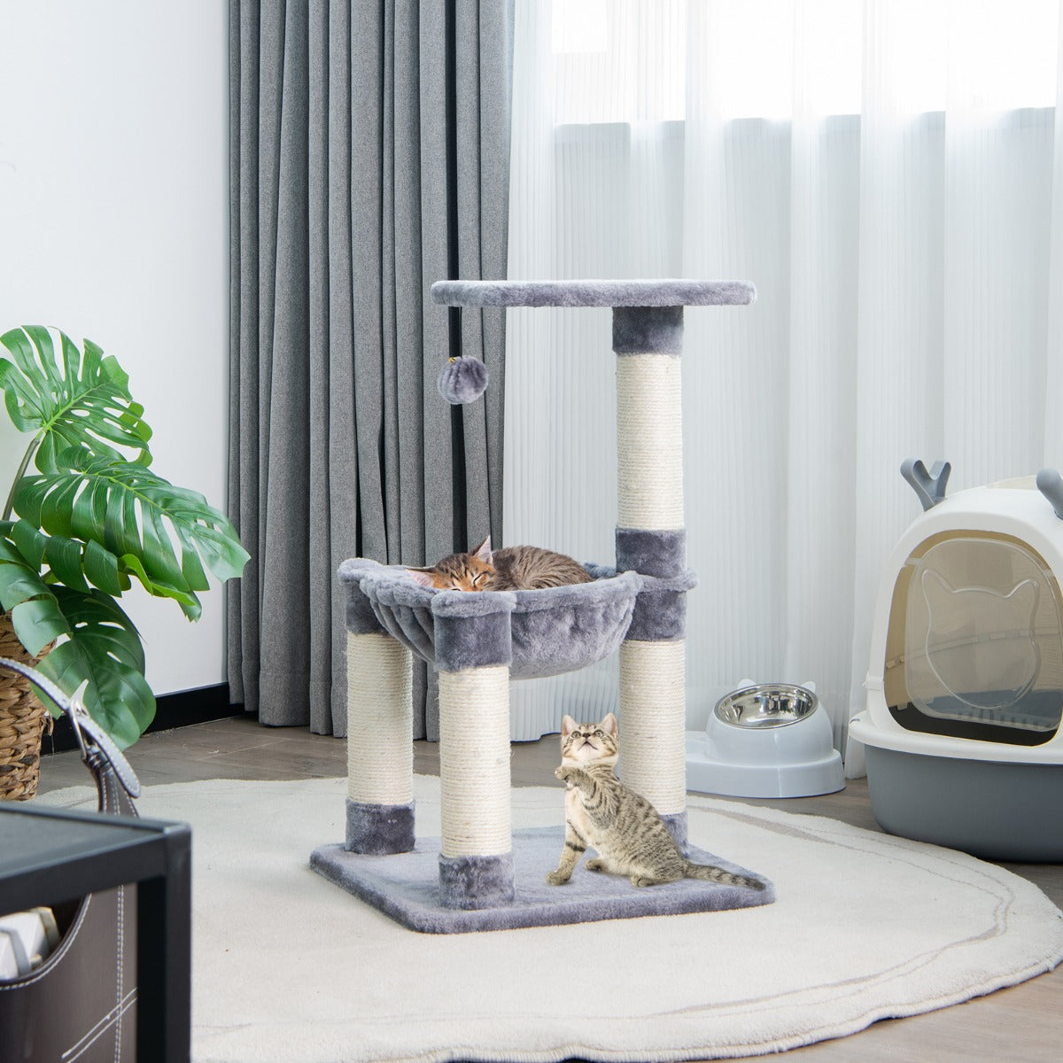Arbre à Chat, Griffoir Chat, avec Griffoir de Sisal, Hamac Confortable, Balle Suspendue à Jouer Grande Plate-forme, Gris, Costway, 4
