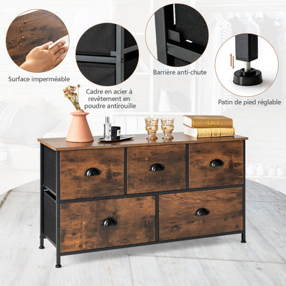 Commode, Meuble de Rangement, avec 5 Tiroirs Non-Tissés 100x30x54 cm, Cadre en Métal Surface en MDF, Commode Vintage, Costway, 4