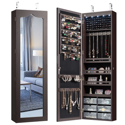 Armoire a Bijoux, Miroir Bijoux, Armoire Bijoux, Murale, LED avec Miroir 6 Tiroirs Hauteur du Crochet Ajustable, Marron, Costway, 1