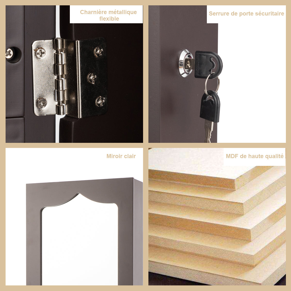 Armoire a Bijoux, Miroir Bijoux, Armoire Bijoux, Murale, LED avec Miroir 6 Tiroirs Hauteur du Crochet Ajustable, Marron, Costway, 6