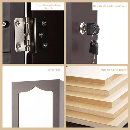 Armoire a Bijoux, Miroir Bijoux, Armoire Bijoux, Murale, LED avec Miroir 6 Tiroirs Hauteur du Crochet Ajustable, Marron, Costway, 6