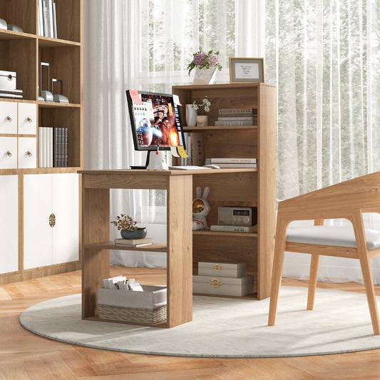 Table, Bureau Ordinateur, Table de Bureau, Poste de Travail avec Étagères de Rangement à 6 Niveaux, Naturel, Costway, 2