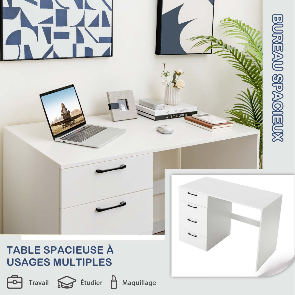Bureau Ordinateur, Bureau Informatique, Grand Bureau, Bureau Moderne, Poste de Travail avec 4 Tiroirs, Costway, 4