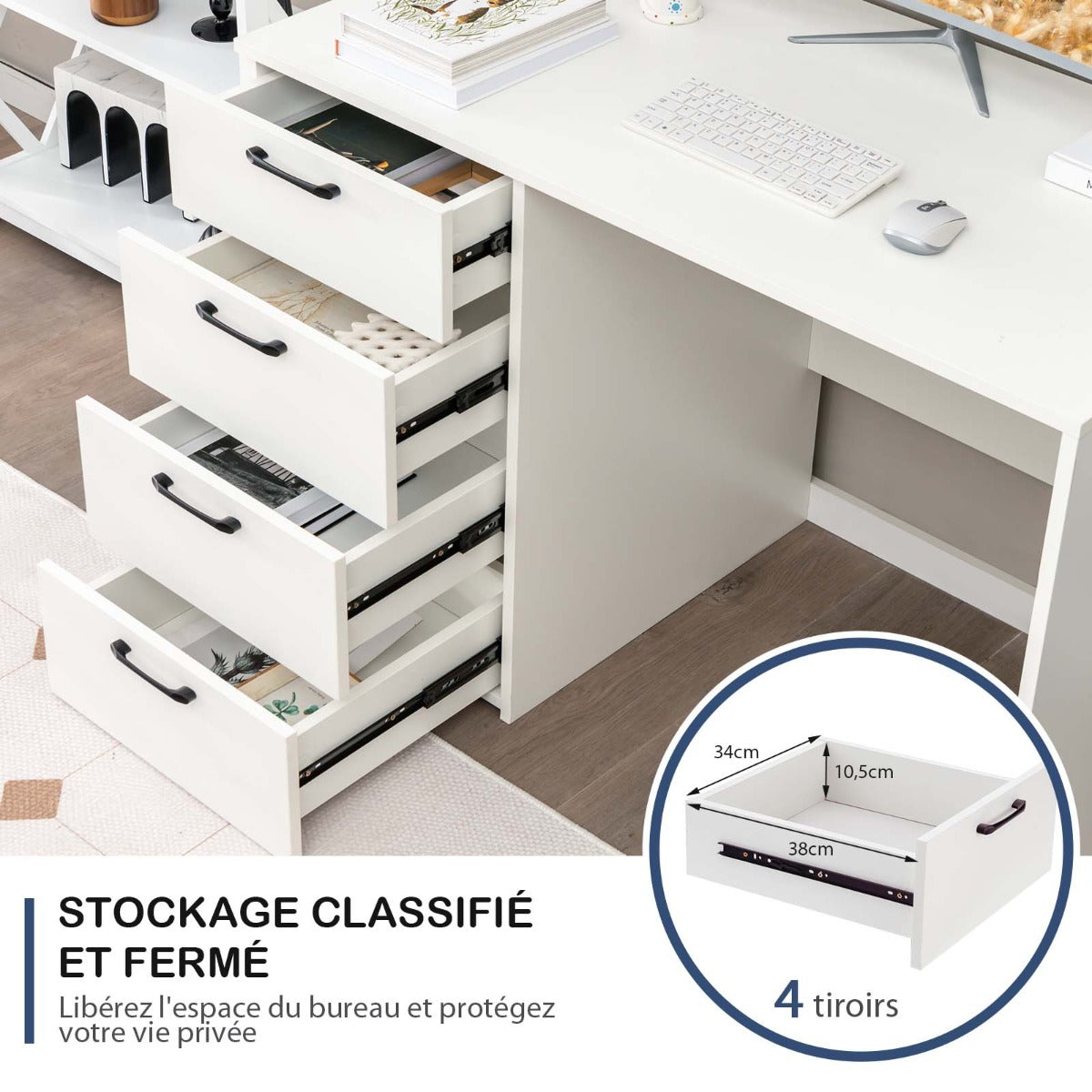 Bureau Ordinateur, Bureau Informatique, Grand Bureau, Bureau Moderne, Poste de Travail avec 4 Tiroirs, Costway, 5